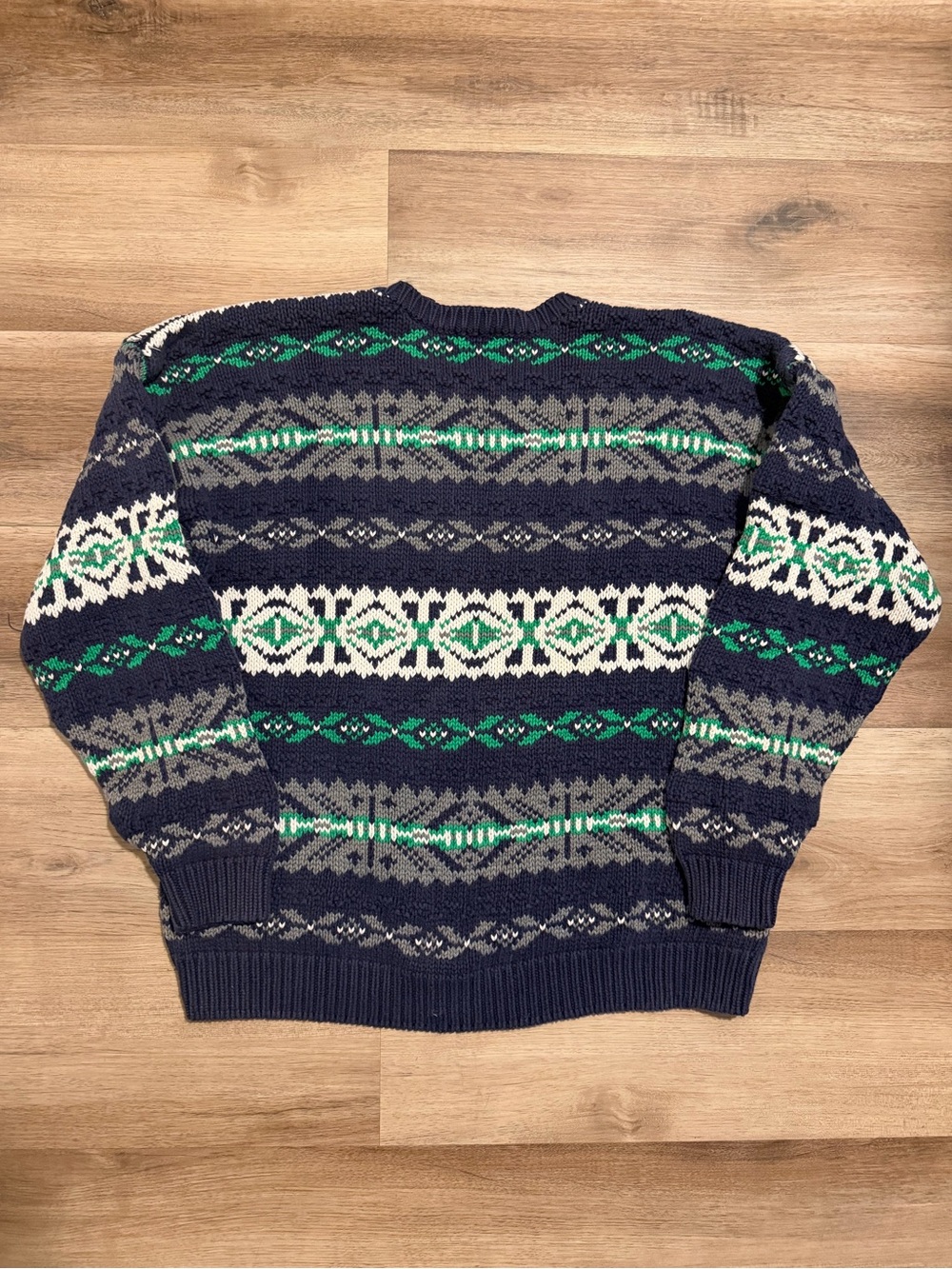 Vtg GAP Fair Isle Chunky Knit Sweater Men's L Blue Green 100% Cotton Crewneck - Picture 2 of 8